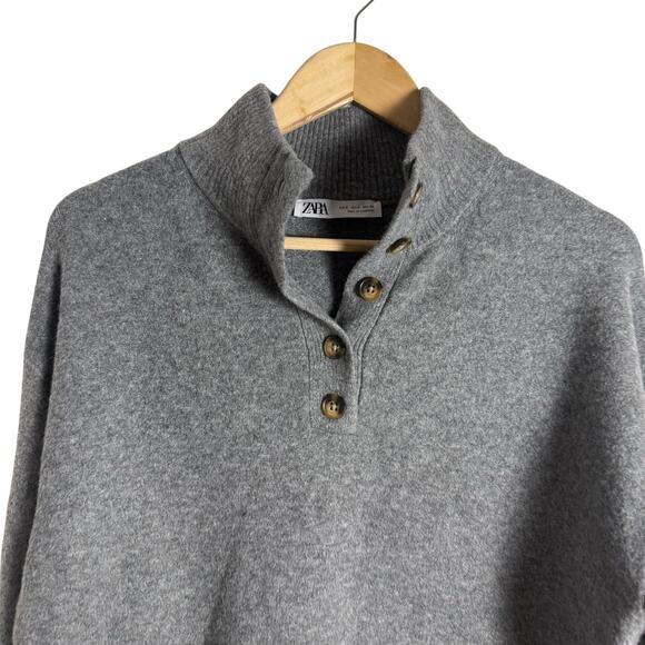 Zara Gray Wool Knit Mock Neck Henley Button Long Sleeve Sweater Size Small - Picture 7 of 8